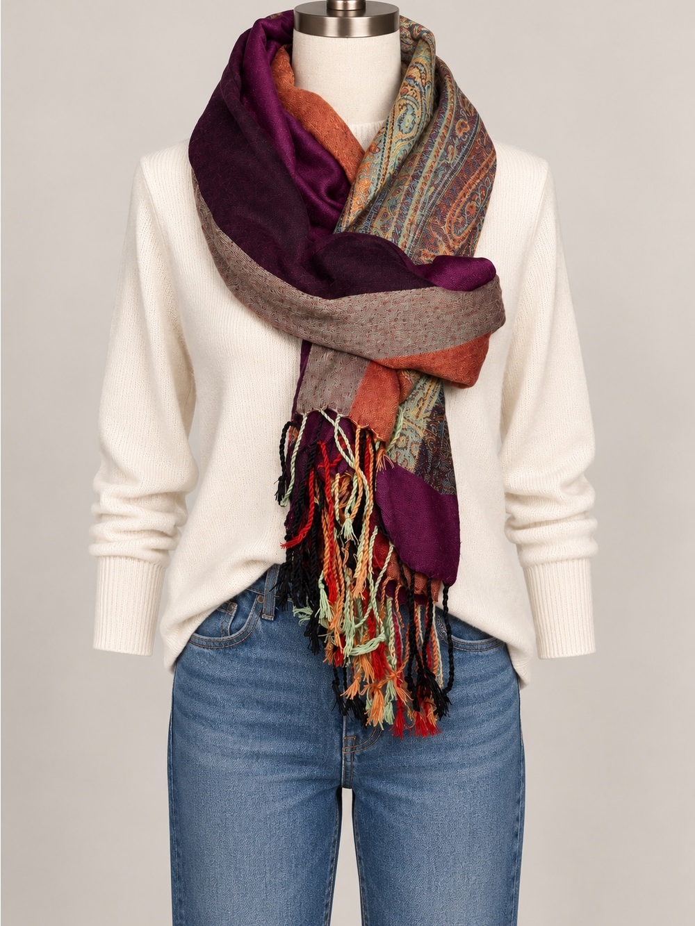 Multicolor Paisley Fringe Scarf - Purple & Orange